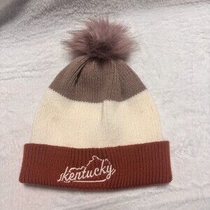 Home Free Kentucky Knit Beanie Hat Faux Fur Pom Brown Cream One Size